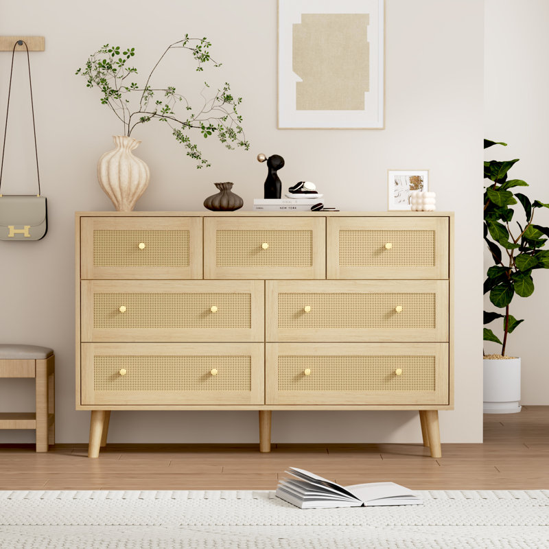 Bay Isle Home™ Rattan Dresser For Bedroom 6 Drawer Dresser With Gold ...